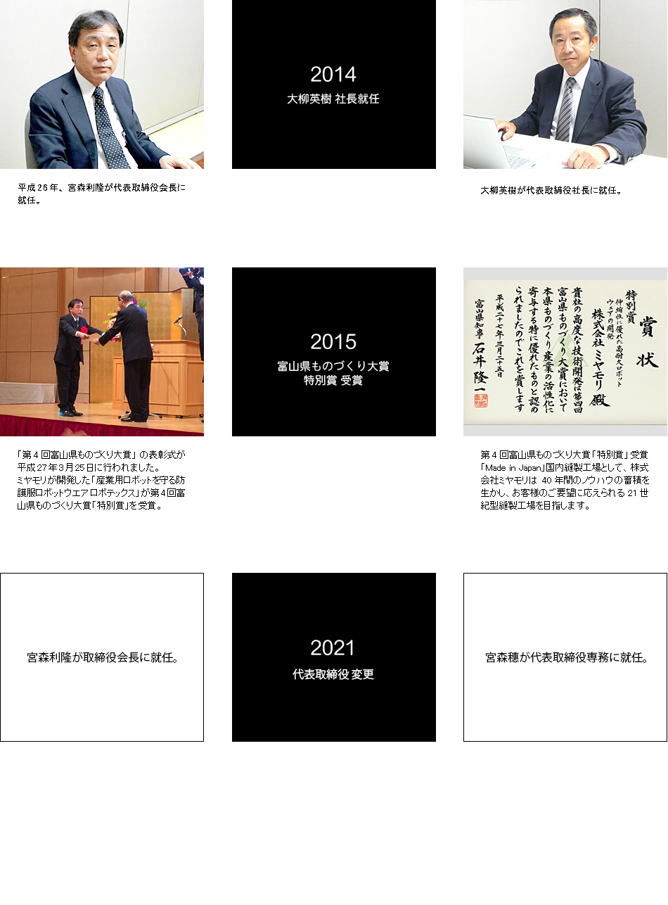 2014年大柳英樹社長就任 2015年富山県ものづくり大賞特別賞受賞